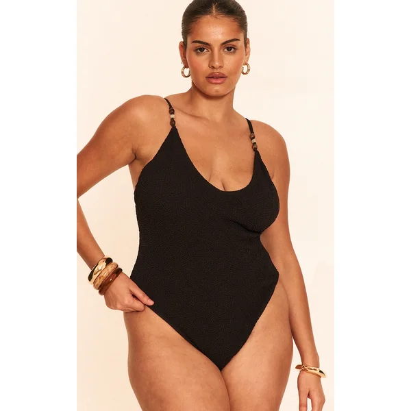 Plus Black Textured Bead Trim Plunge Swimsuit