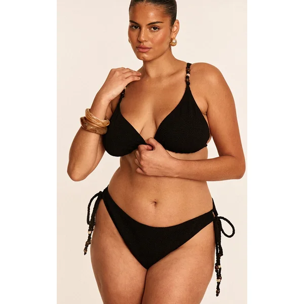 Plus Black Textured Bead Trim Tie Side Bikini Bottoms