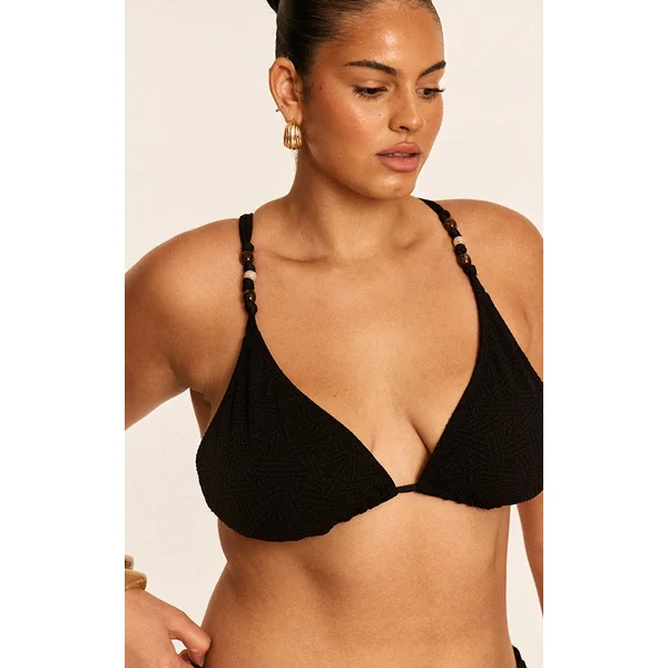 Plus Black Textured Bead Trim Triangle Bikini Top
