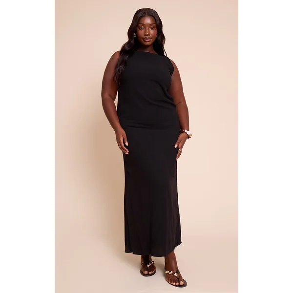 Plus Black Textured Boat Neck Low Back Maxi Dress