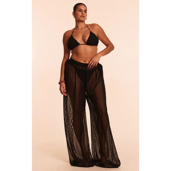 Plus Black Textured Chiffon Triangle Beach Top And Pant Set