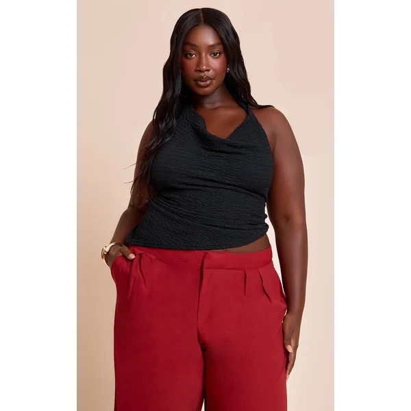 Plus Black Textured Cowl Neck Asymmetric Hem Long Top