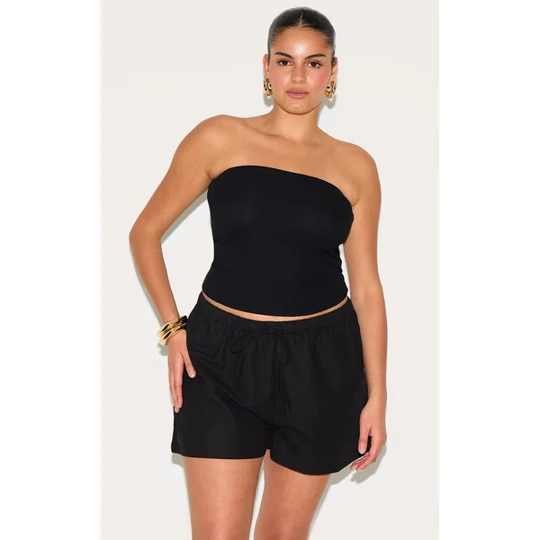 Plus Black Textured Drawstring Floaty Shorts