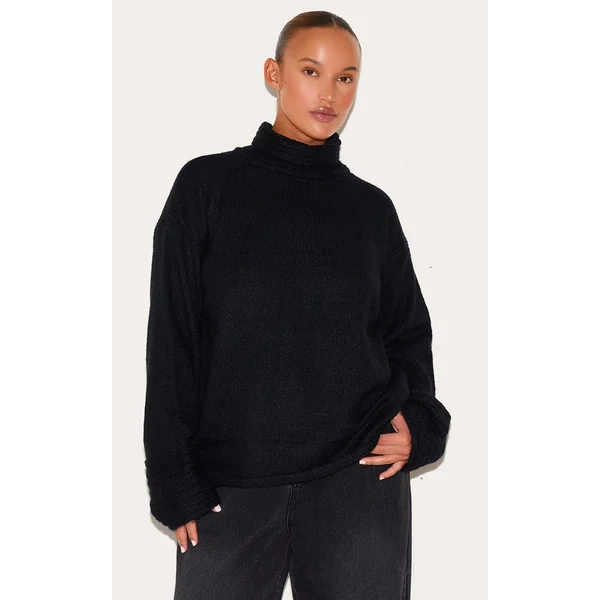 Plus Black Textured Knit Roll Neck Oversized Sweater