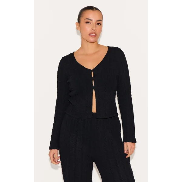 Plus Black Textured Long Sleeve Top