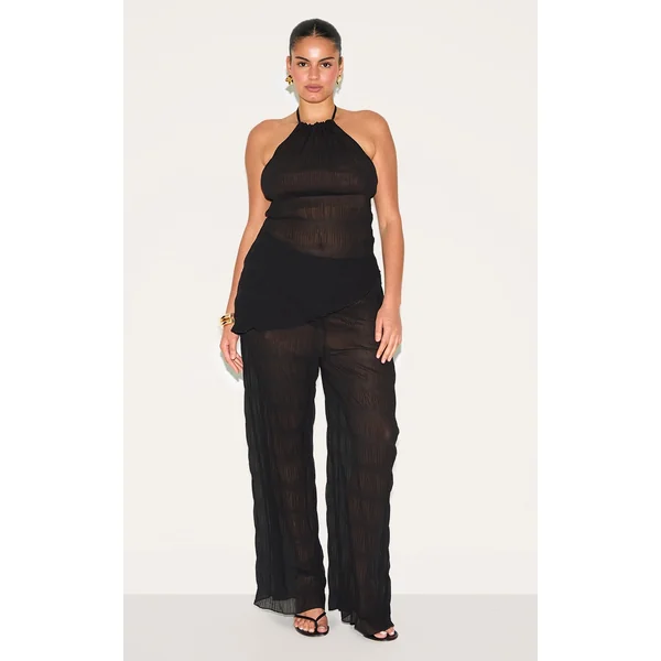 Plus Black Textured Sheer Woven Mid Rise Straight Leg Pant