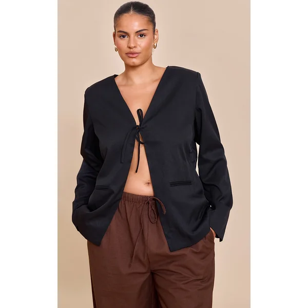 Plus Black Tie Up Boxy Blazer
