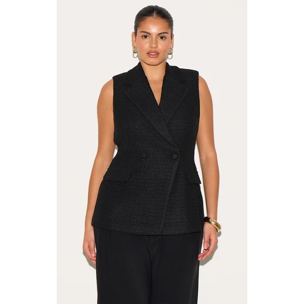 Plus Black Tweed Double Breasted Vest