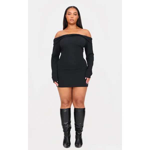 Plus Black Twist Front Bardot Ribbed Mini Dress