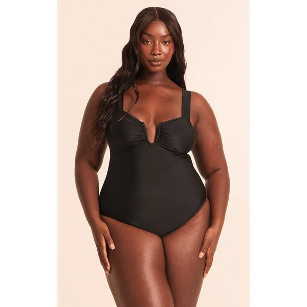 Plus Black Underwired U Bar Ruched Cup Swimsuit
