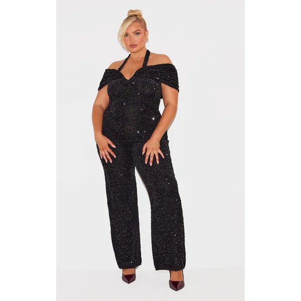 Plus Black Velour Sequined Bardot Halter Neck Strap Jumpsuit