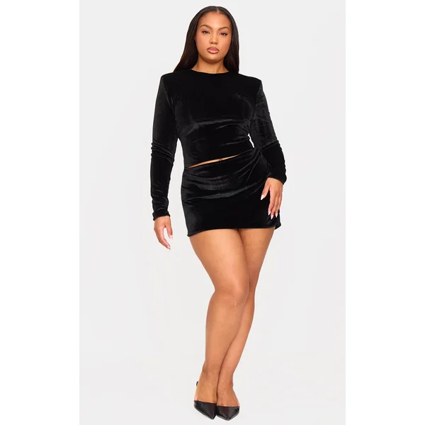 Plus Black Velvet Curved Asymmetric Mini Skirt