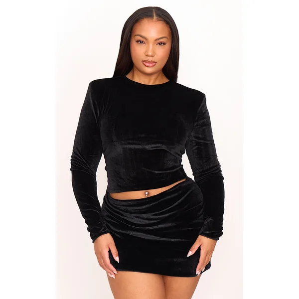 Plus Black Velvet Princess Seam Detail Long Sleeve Long Top