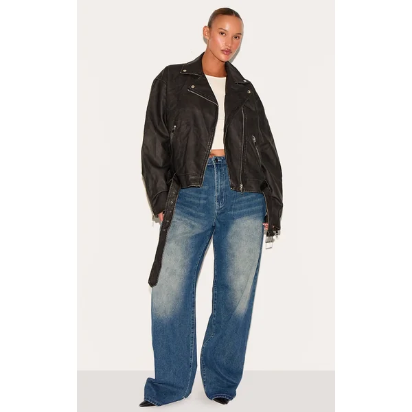 Plus Black Vintage Faux Leather Oversized Zip Up Biker Jacket