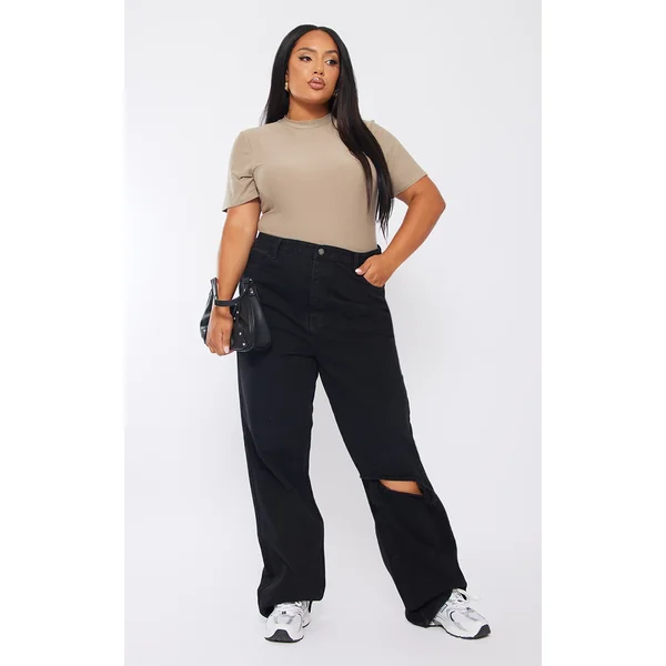 Plus Black Wash Open Knee Long Leg Straight Leg Jeans