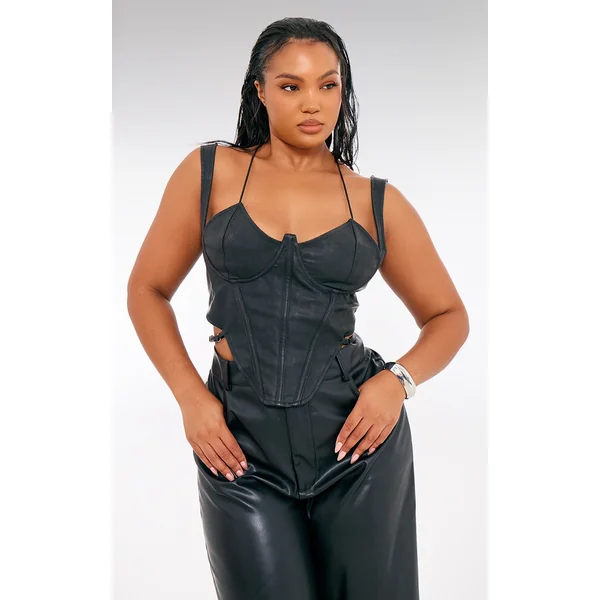 Plus Black Washed Faux Leather Cross Halterneck Dip Hem Corset