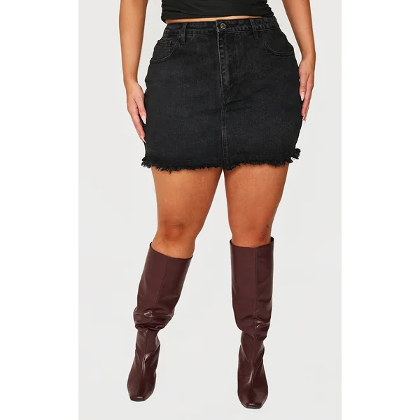 Plus Black Washed Raw Hem Mini Skirt