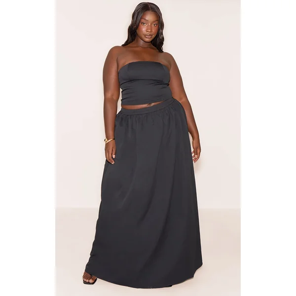 Plus Black Woven Band Detail Pleated Maxi Skirt