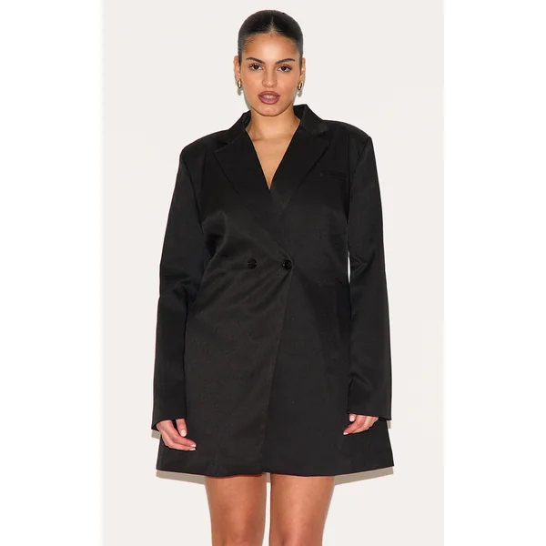 Plus Black Woven Cinched Waist Blazer Dress