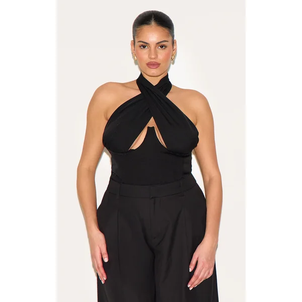 Plus Black Woven Cross Front Underwired Bodysuit