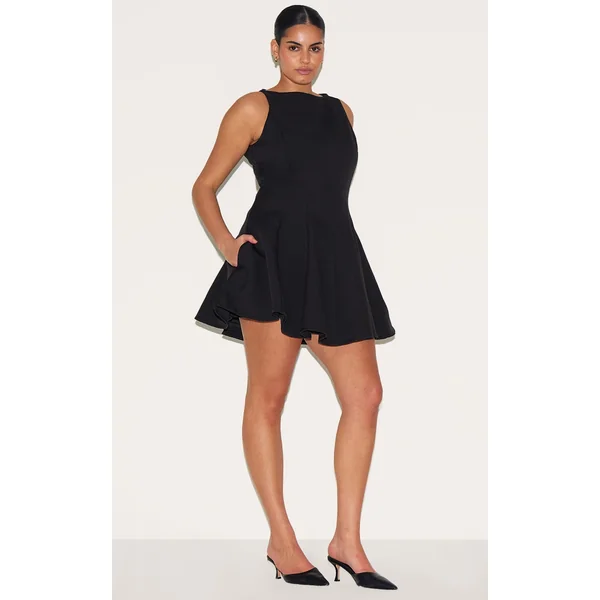 Plus Black Woven Pleated Slash Neck Shift Dress