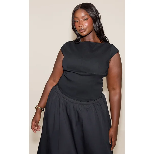 Plus Black Woven Seam Detail Slash Neck Top