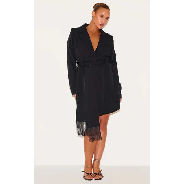 Plus Black Wrap Front Tassel Belted Dress