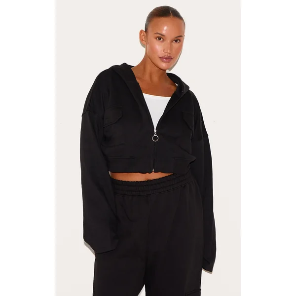 Plus Black Zip Up Cargo Crop Hoodie
