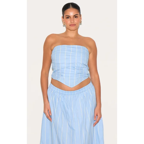 Plus Blue Cotton Poplin Bandeau Ruched Front Top