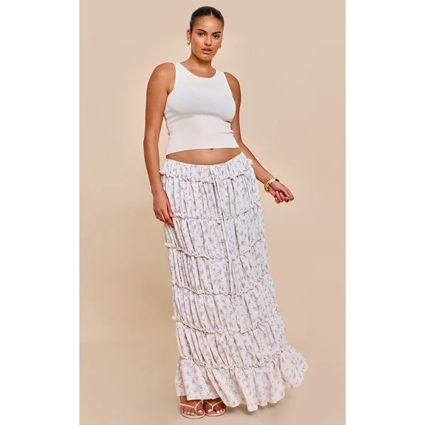 Plus Blue Ditsy Floral Print Tiered Maxi Skirt