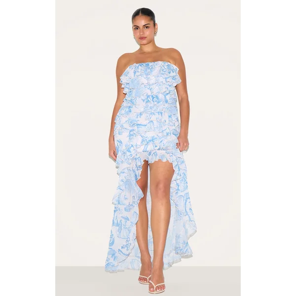 Plus Blue Printed Ruffled Bandeau Maxi Dress