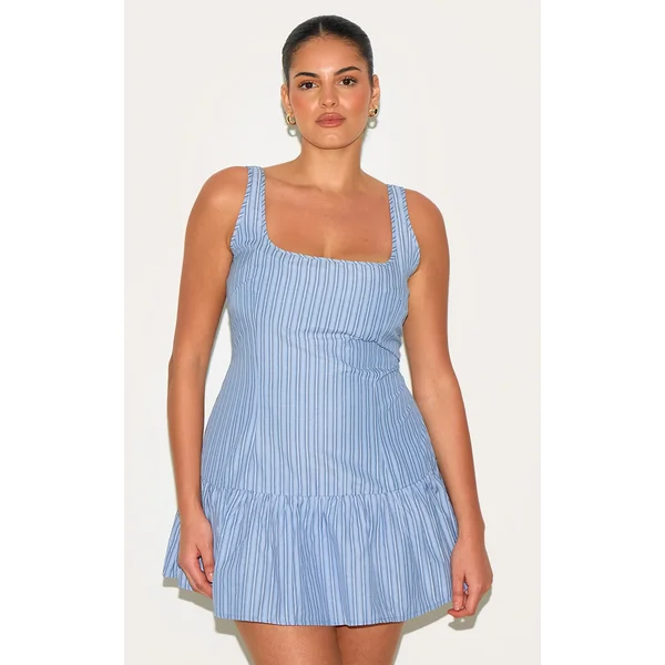 Plus Blue Striped Sleeveless Scoop Neck Shift Dress