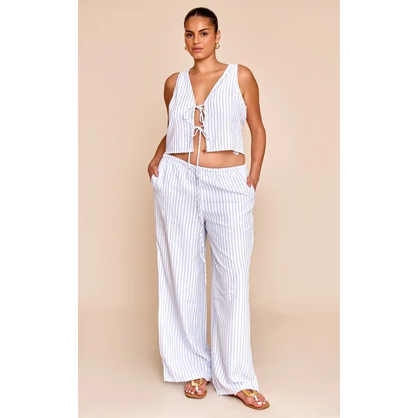 Plus Blue Striped Tie Waist Straight Leg Pant
