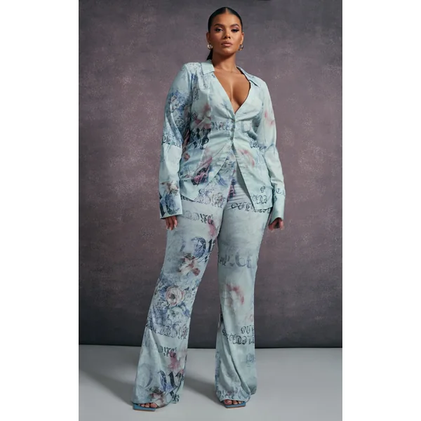 Plus Blue Vintage Floral Print Chiffon Flare Pants