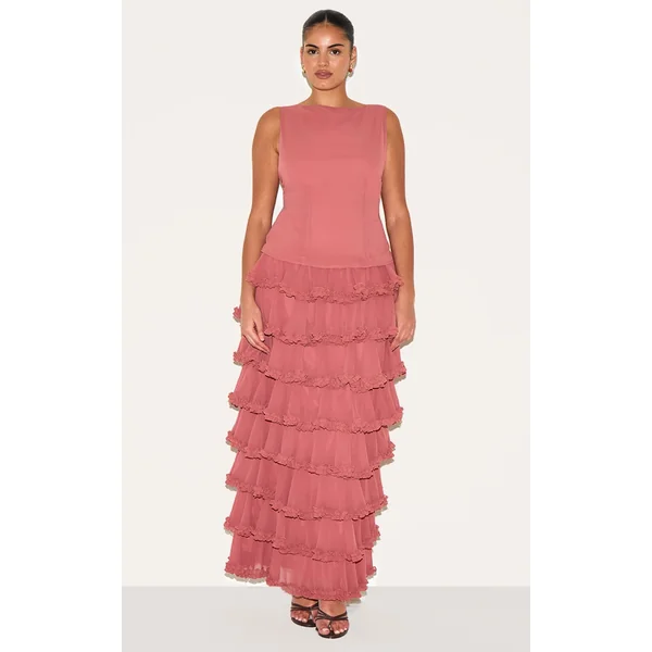 Plus Blush Rose Chiffon Tiered Frill Maxi Skirt