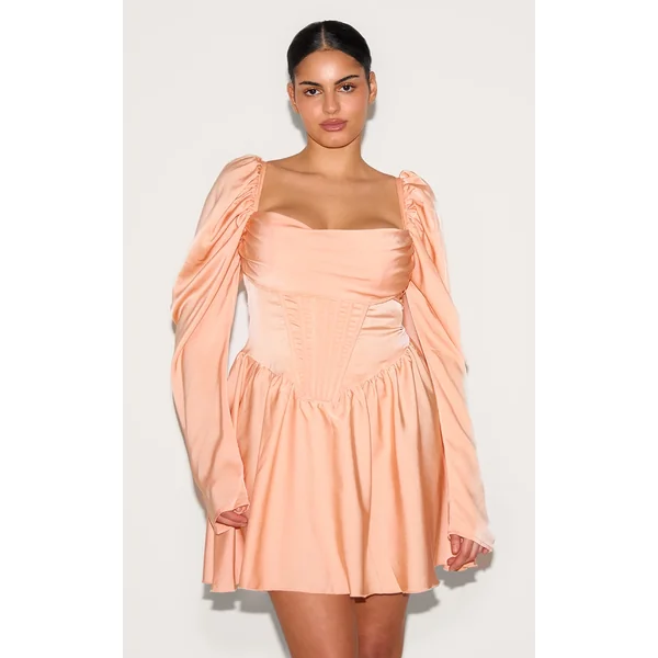 Plus Blush Satin Corset Detail Puffball Shift Dress