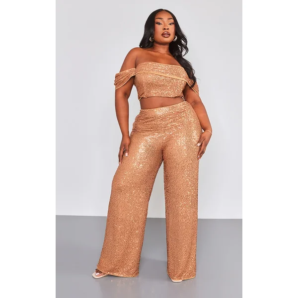 Plus Bronze Sequin High Waist Wide Leg Pant
