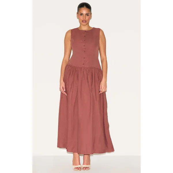 Plus Brown Button Down Drop Waist Maxi Dress