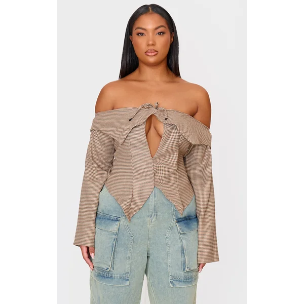 Plus Brown Check Bardot Long Sleeve Top