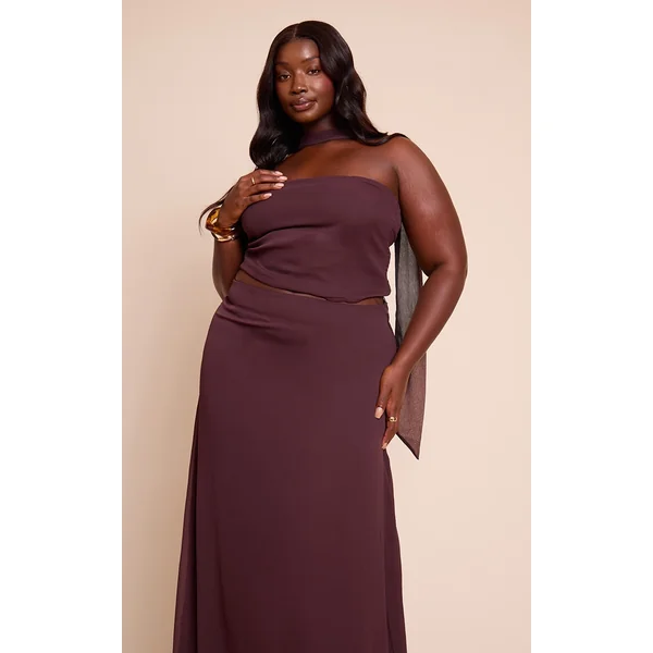 Plus Brown Chiffon Neck Wrap Top