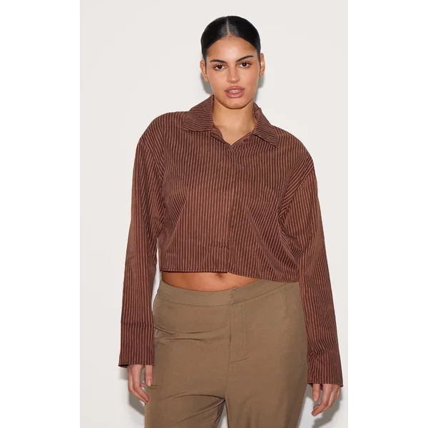 Plus Brown Faux Suede Cropped Striped Shirt
