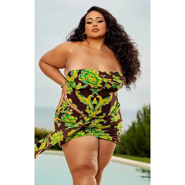 Plus Brown Floral Boning Dipped Hem Corset Top