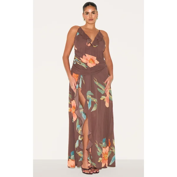 Plus Brown Floral Chiffon Frill Plunge Strappy Maxi Dress