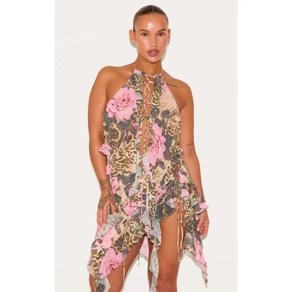 Plus Brown Leopard Print Chiffon Frill Detail Bralet