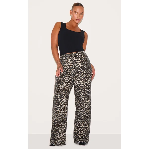 Plus Brown Leopard Print Denim Wide Leg Denim Jean