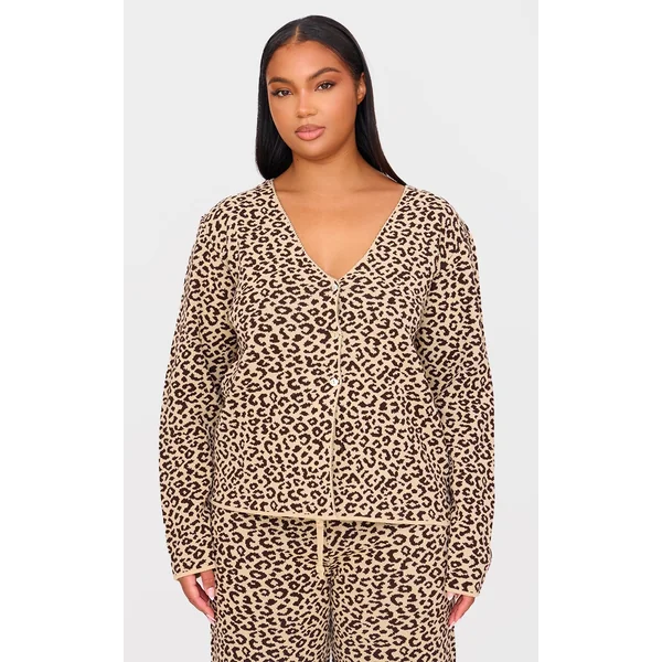 Plus Brown Leopard Print V Neck Knitted Button Up Cardigan