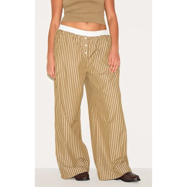 Plus Brown Pinstripe Cotton Poplin Contrast Waistband Pant