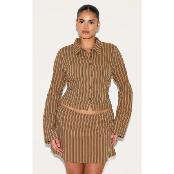 Plus Brown Pinstripe Fitted Shirt