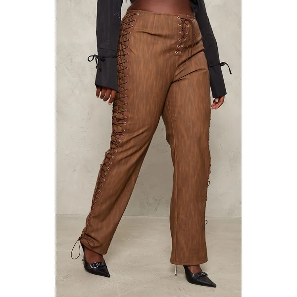 Plus Brown Premium Washed Faux Leather Lace Up Side Low Rise Pants