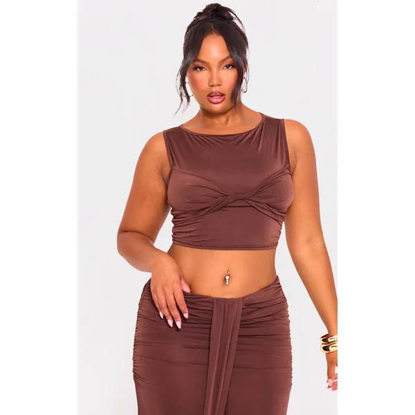 Plus Brown Slinky Sleeveless Crop Top